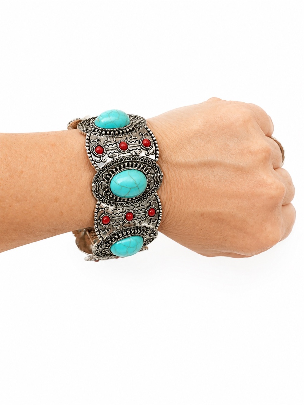 New‎ Boho Stretch Statement Bracelet Turquoise & Red Cabochon Silver Tone Cuff